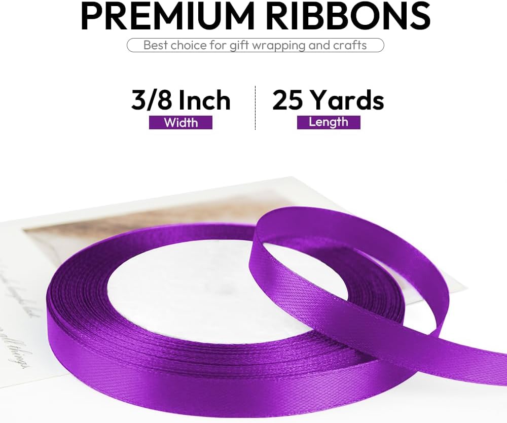 3/8 Inch 25 Yards Satin Ribbon Purple, Solid Color Fabric Ribbon for Gift Wrapping, Wedding, Polyester Gift Ribbon for Birthday Party Decoration, Craft, Hair, Floral, Sewing
