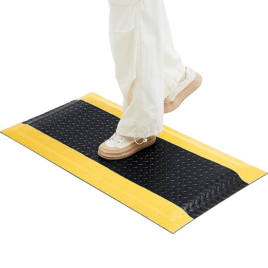 Timgle Anti Fatigue Mats Industrial 1.67 'x 3.25' Heavy Duty Commercial Grade Diamond Plate Vinyl Non Slip Safety Ergonomic Floor Mat Black with Yellow Border 7/8 Inch Thick Sponge for Work Stand