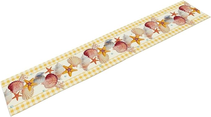 Coastal Table Runners, Yellow Plaid Buffalo Nautical Ocean Starfish Coral Seashell Pearl Beach Summer Coffee Table Center Decor for Family Wedding Holiday Party Farmhouse Table Decorations, 13" X 72"