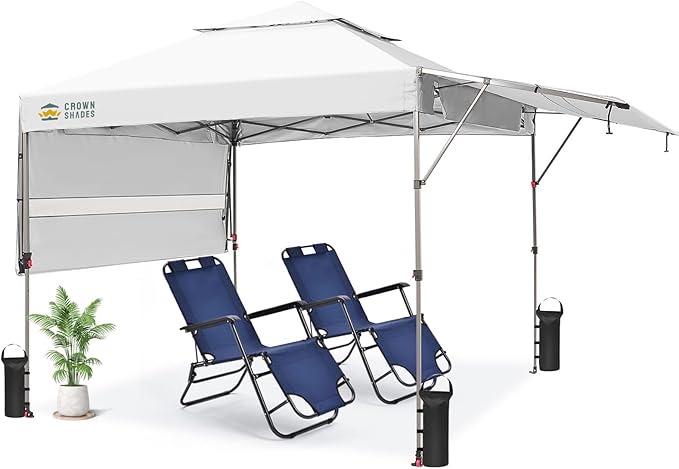 CROWN SHADES 10x10 Pop Up Canopy Tent with Patented Center Lock, 150D Silver Coated Fabric, 2 Extendable Awnings, Instant Commercial Canopy with 4 Weight Bags, Ropes, Stakes & Wheeled Carry Bag, White