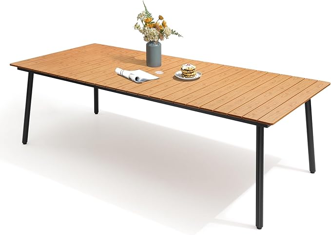 95" Patio Outdoor Dining Table for 8-10, Weather-Resistant Wood-Grain Top with Aluminum Frame & Umbrella Hole for Deck Gatherings, Brown