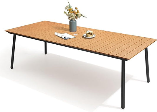 95" Patio Outdoor Dining Table for 8-10, Weather-Resistant Wood-Grain Top with Aluminum Frame & Umbrella Hole for Deck Gatherings, Brown