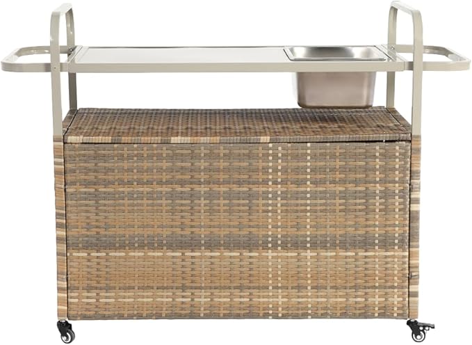 Outdoor Table, Wicker Cart with Cabinet, Patio Serving Cart with Steel Top, Lockable Wheels, Side Basket for Garden, Poolside & Backyard, Beige
