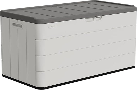 100 Gallon Plus Resin Deck Box, Waterproof Outdoor Storage Box for Patio Furniture, Garden Tools, and Pool Accessories, Lockable UV-Resistant Storage Bin Bench Cabinet for Outside, White