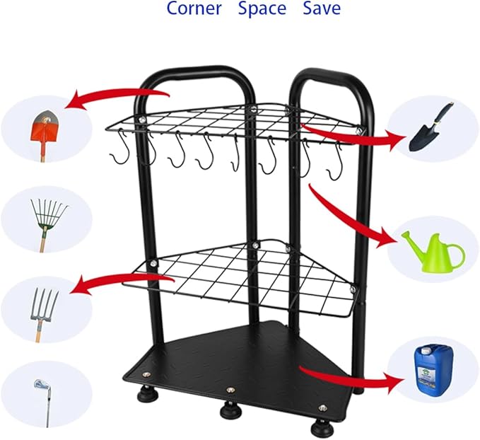 Garden Tool Organizer Rack, Garage Yard Tool Storage and Organization,2-Tier Metal Stand with Hooks, Black