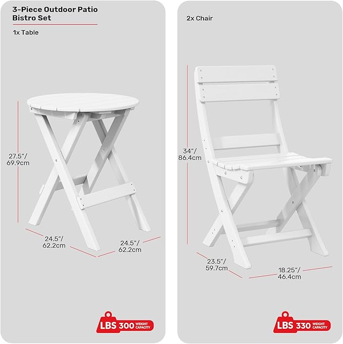 Costaelm Paradise 3-Piece Outdoor HDPE Folding Patio Bistro Table and Chairs, White