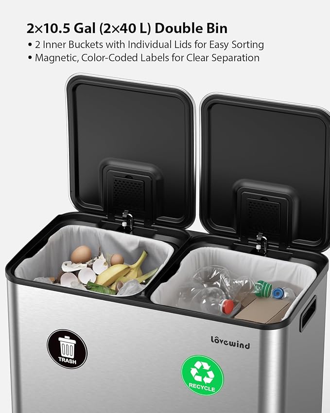 Lovewind Trash Can, 2 x 10.5 Gallon (2 x 40 L) Garbage Can for Kitchen Dual Compartment Recycling Kitchen Step Trash Bin, Stainless Steel Trash and Recycle Bin Combo with Soft-Close Lid, Silver