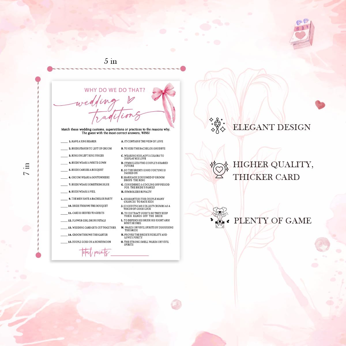 Bridal Shower Games Cards, Wedding Traditions Why Do We Do That, 25 Cards with 1 Answer Card, Engagement Party Games for Guests, Pink Ribbon Bow Wedding Party Supplies - E08