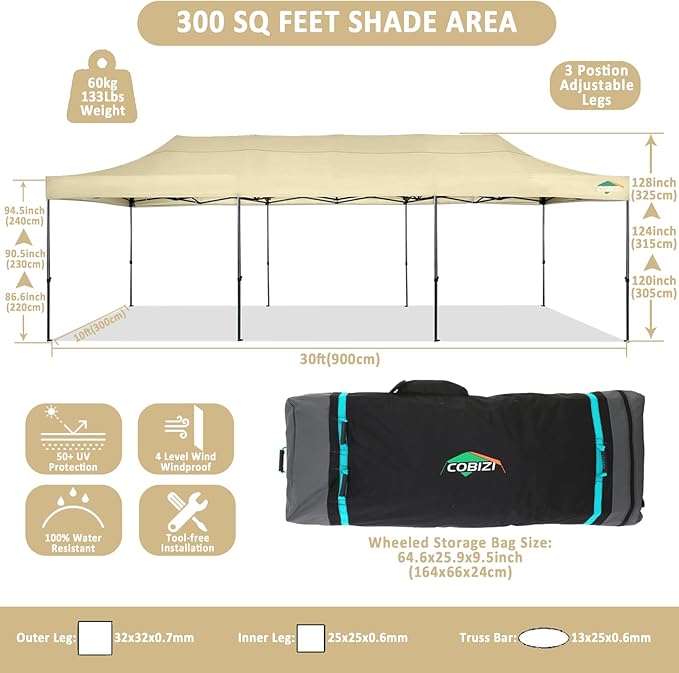 COBIZI 10x30 Pop up Canopy Tent 10x30 Canopy No Sidewall Waterproof Heavy Duty Commercial for Parties Outdoor Garden Gazebo Tent, Carry Bag with Wheel(10x30ft No Sidewalls, Khaki)