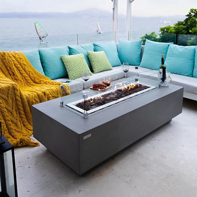 Elementi Granville Fire Pit Outdoor Firepit Set Includes 60” Propane Concrete Firepit Table, Glass Windscreen, Stainless Steel Cover, Tank & Canvas Cover, Floor Mat and Beverage Tub