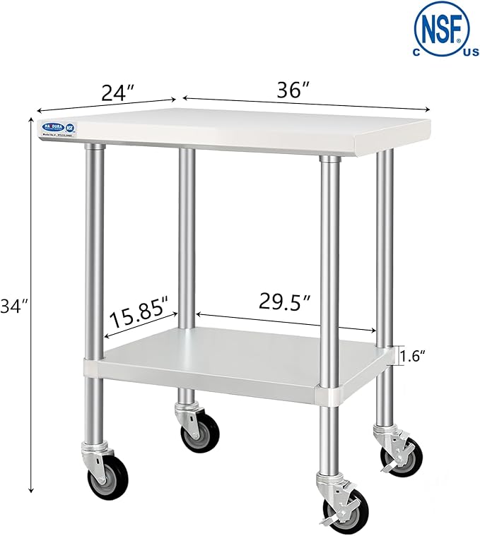 HARDURA Stainless Steel Table with Wheels 24 x 36 Inches Kitchen Prep Table Heavy Duty Stainless Steel Workbench with Aluminium Corner Undershelf NSF 304 Metel Table for Commercial Restaurant