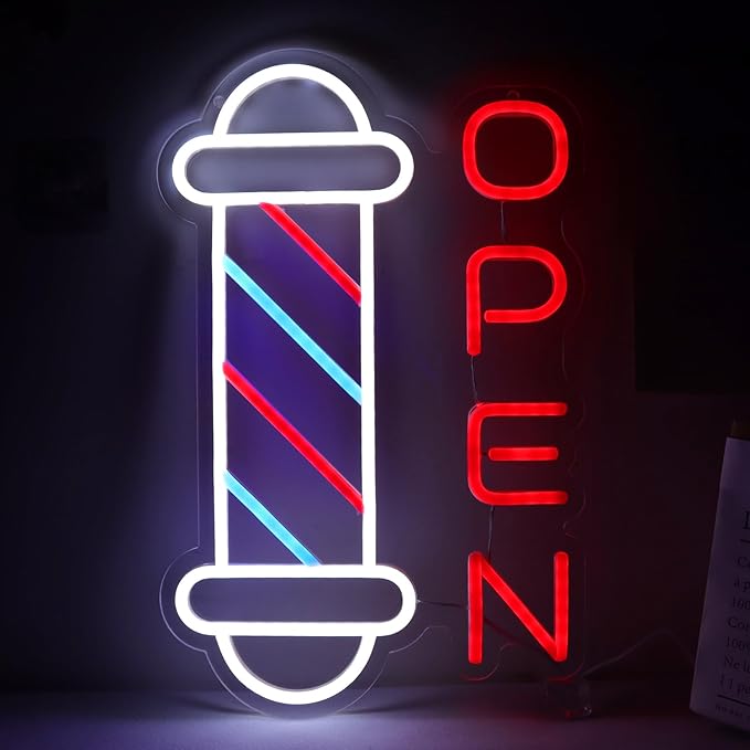 JFLLamp Barber Shop Neon Signs for Wall Decor Open Neon Lights for Bedroom Led Signs Suitable for Barber Shops Hair Salon Art Unique Gift for Hairdresser 10.2 * 16.1 Inch(Red + Blue + White)