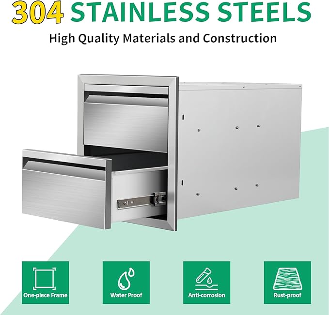 Outdoor Kitchen Drawers 14" W x 15" H x 23" D Stainless Steel Double Drawers with Hidden Handle for BBQ Island, Patio Grill Station & Outdoor Kitchen Cabinets