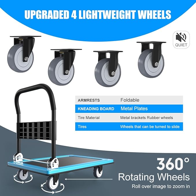 WUD Push Cart, Folding Mobile Platform Trolley,Thickened and Reinforced, 360° Swivel Wheels,35.4 “L x 23.6 ”W, 1100 lb. Blue Dolly cart with Wheels