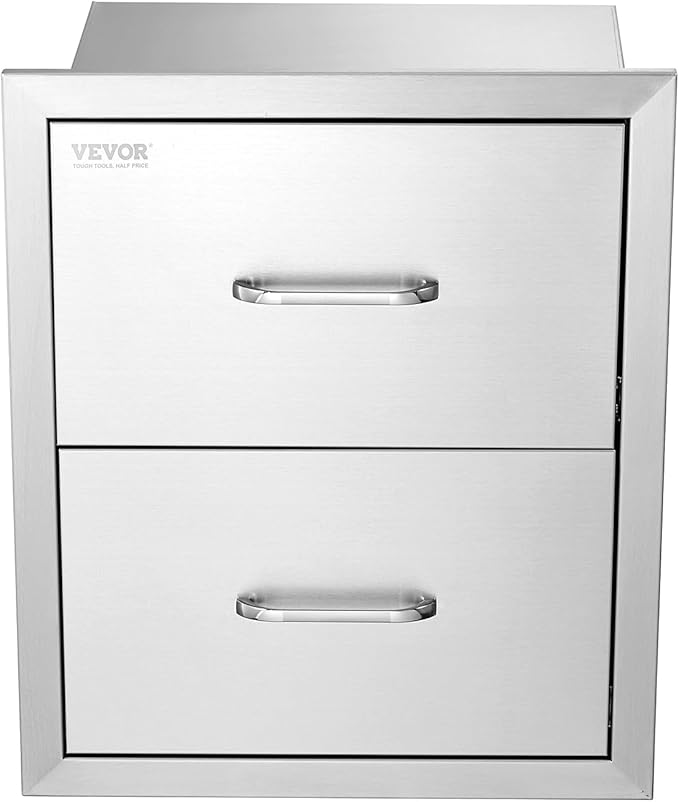 VEVOR Outdoor Kitchen Drawers, 17.8W x 20.2H x 12.2D Inch, Flush Mount Double BBQ Drawer, Stainless Steel BBQ Island with Handle, for Outdoor Kitchens or Patio Grill Station