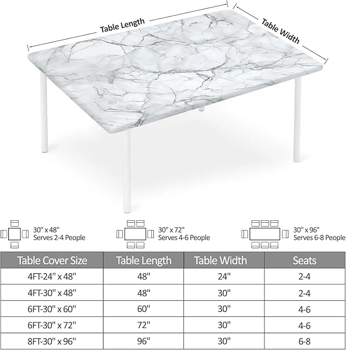 Rectangle Table Cloth Cover Waterproof Elastic Fitted Polyester Fitted Tablecloths for 6 Foot Tables for Indoor,Picnic, Camping, Outdoor （72" x 30"，Marble）
