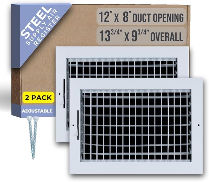 [2 Pack] Fits 12x8 Duct Opening Steel Adjustable Air Supply Grille by Handua | Register Vent Cover Grill for Sidewall and Ceiling | White | Outer Size: 13.75" X 9.75"