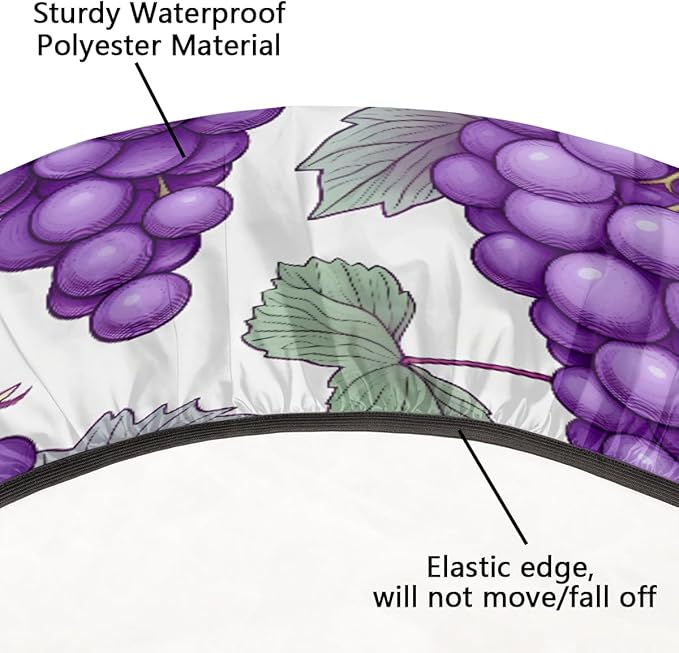 Grape Fruit Purple Leaves Round Table Cloth Cover, Elastic Edge Waterproof Wipeable Tablecloths 36"-42" Polyester Tablecloth for Party Restaurant Banquet Holiday Camping Outdoor Picnic