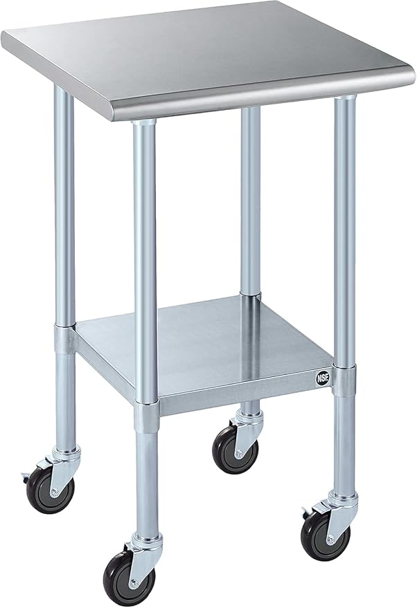 ROCKPOINT Stainless Steel Table for Prep & Work with Caster Wheels 24x24 Inches, NSF Metal Commercial Kitchen Heavy Duty Table with Adjustable Under Shelf and Table Foot for Restaurant, Home and Hotel