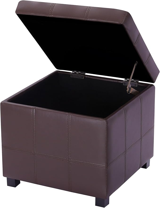 Homebeez Faux Leather Lift Top Storage Ottoman Bench with Solid Wood Frame & Tufted PU - 17.3 Inch Cube Footrest, Seat, with Metal Hinges for Living Room, Bedroom, Dorm | Coffee Brown