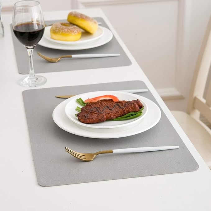 DOLOPL Faux Leather Placemats Set of 6, Wipeable Heat Resistant Table mats - Anti Slip Table Place Mats, Modern Washable Outdoor Placemats for Kitchen Dining Room Table Decorations, Light Gray