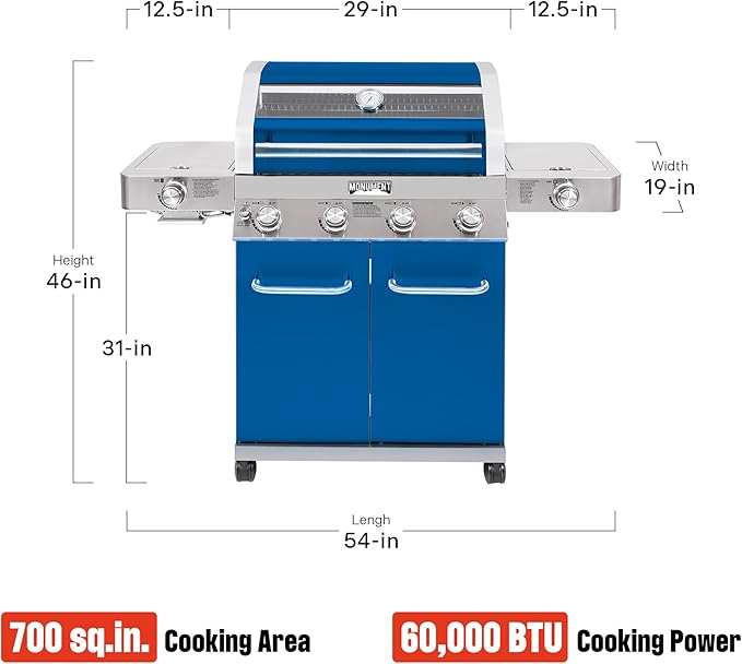 Monument Grills Larger 4+2 Burner Propane Gas Grills Stainless Steel Cabinet Style with Clearview® Lid, Knob Controls, Built-In Thermometer, Infrared Side Sear Burners & Side Burners, Blue