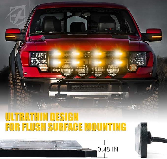 Xprite LED Surface Mount Strobe Lights Kit, White Amber Grill Grille Emergency Warning Flashing Marker Light Warning Light Assemblies for Trucks Vehicles ATV RV Cars Van - 8PCS