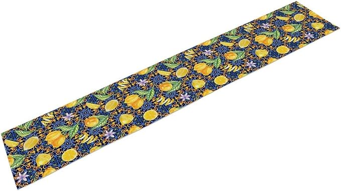 Yellow Lemon Table Runner Vintage Retro Summer Fruit Blue White Floral Printed Dining Table Decoration for Home Holiday Party Dresser Kitchen Cabin Restaurant Wedding Decor 13×120in