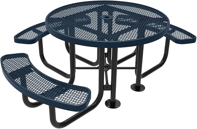 COATEDOUTDOORFURNITURE Heavy-Duty Portable Outdoor Picnic Table with Umbrella Hole, Expanded Metal Patio Dining Furniture Made in America (46" Round Top, Dark Blue)
