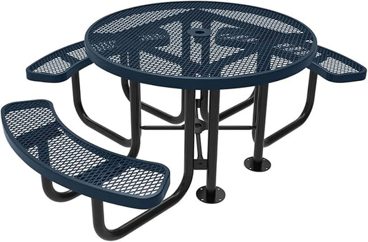 COATEDOUTDOORFURNITURE Heavy-Duty Portable Outdoor Picnic Table with Umbrella Hole, Expanded Metal Patio Dining Furniture Made in America (46" Round Top, Dark Blue)