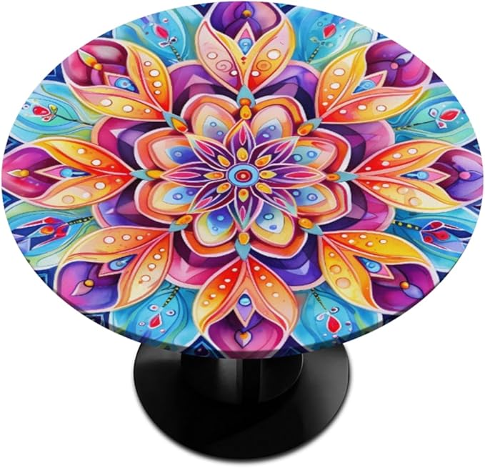 Floral Colorful Bright Vintage Round Table Cloth Cover, Elastic Edge Waterproof Wipeable Tablecloths 45"-56" Polyester Tablecloth for Party Restaurant Banquet Holiday Camping Outdoor Picnic