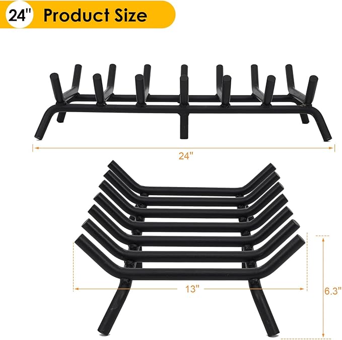 STBoo Fireplace Grate 24inch Heavy Duty - Fireplace Log Holder | Fire Place Grate Cast Iron | Wood Stove Wrought Rack | Firewood Log Fire Pit Tray for Indoor & Outdoor Kindling Tool Camping Cooking
