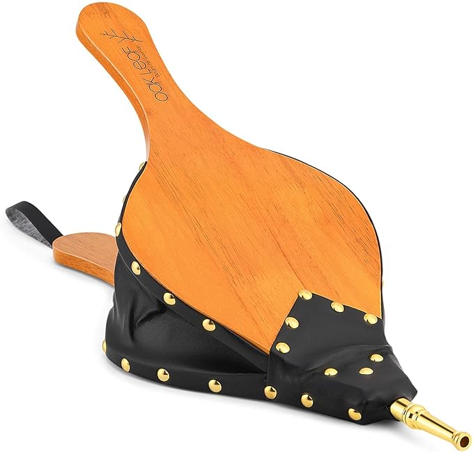 Oak Leaf Bellows, 19" x 8" Large Fire Bellow for Wood Stove BBQ Fireplace Fire Pit Indoor Outdoor Barbecue Camping, Wood Air Blower Hand Bellows with Hanging Strap Zinc Alloy Nozzle, Oak Wood