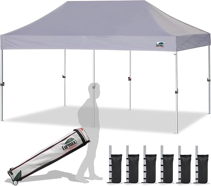 Eurmax USA 10'x20' Pop Up Canopy Tent Commercial Instant Canopies with Heavy Duty Roller Bag,Bonus 6 Sand Weights Bags (Grey)