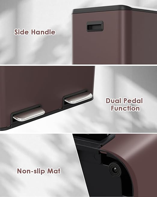 Arlopu 16Gal Dual Trash Can w/2 Built-in Box for Odor Control, Hands-Free Kitchen Garbage Bin, Recycle Waste Dustbin, Soft-Close Lid, 2 Buckets,Foot Pedal, Side Handle, Airtight,for Home (Brown)