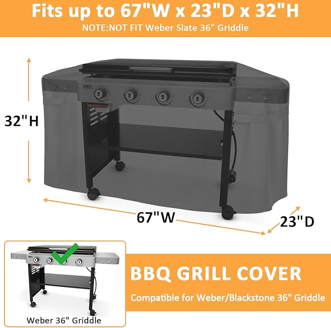 Grill Cover for Weber/Blackstone 36 Inch Griddle, Replacement for Weber 3400030 Cover, Waterproof Full-Length Cover for 4 Burner Griddle 44310401 Models, 67 Inch Outdoor for 36" Griddles Cover