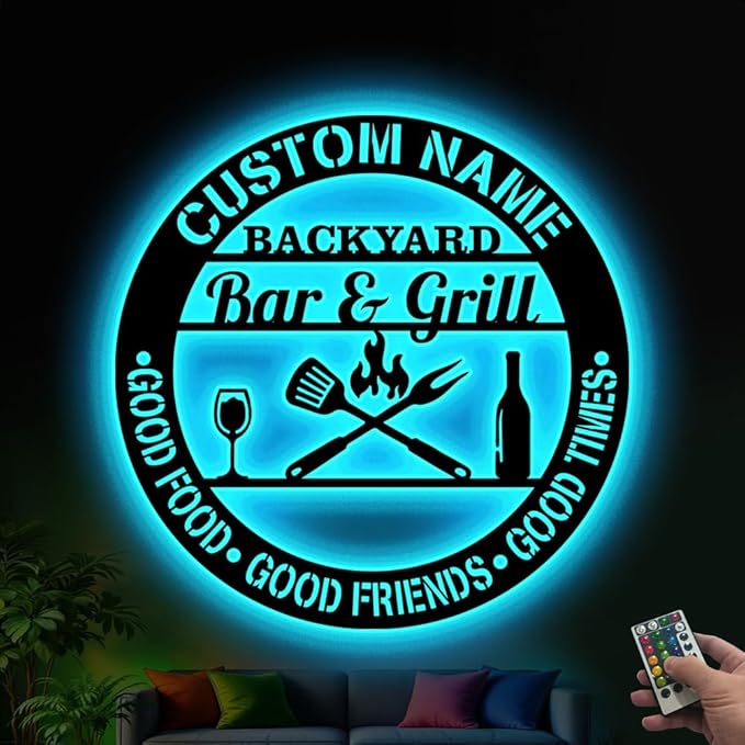 Backyard Bar & Grill LED Sign - Personalized Name Signs with Lights, BBQ Grill Wall Art, Neon Signs For Wall Décor, Bar Sign for Patio, Man Cave, Porch