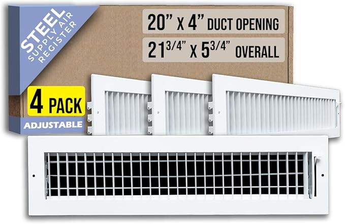 [4 Pack] Fits 20x4 Duct Opening Steel Adjustable Air Supply Grille by Handua | Register Vent Cover Grill for Sidewall and Ceiling | White | Out. Dim.: 21.75" X 5.75"