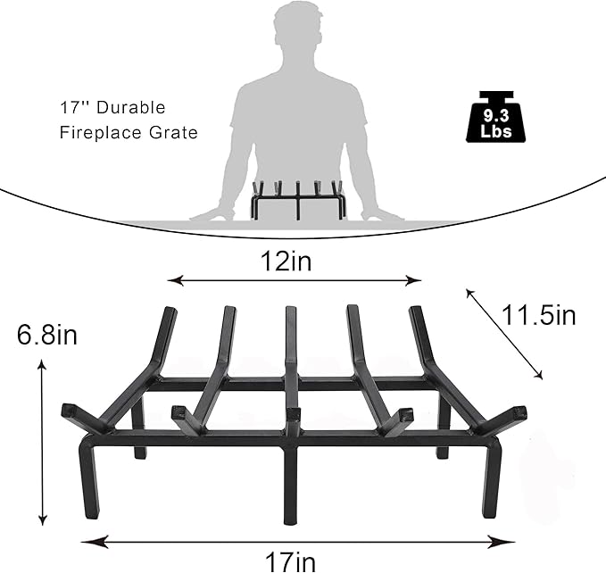 17 Inch Fireplace Grate Heavy Duty Solid Steel Fire Grate for Fire Pit Wood Log Rack Stove Firewood Holder for Indoor Hearth Outdoor Fire Pit Chimney Hearth Kindling Tool