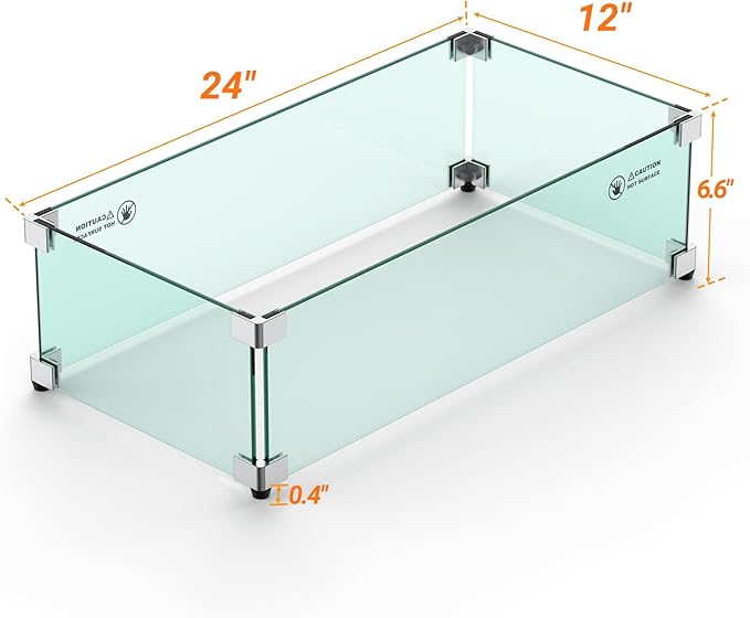Skyflame 24 x 12 Inches Rectangular Fire Pit Glass Wind Guard Replacement for Outdoor