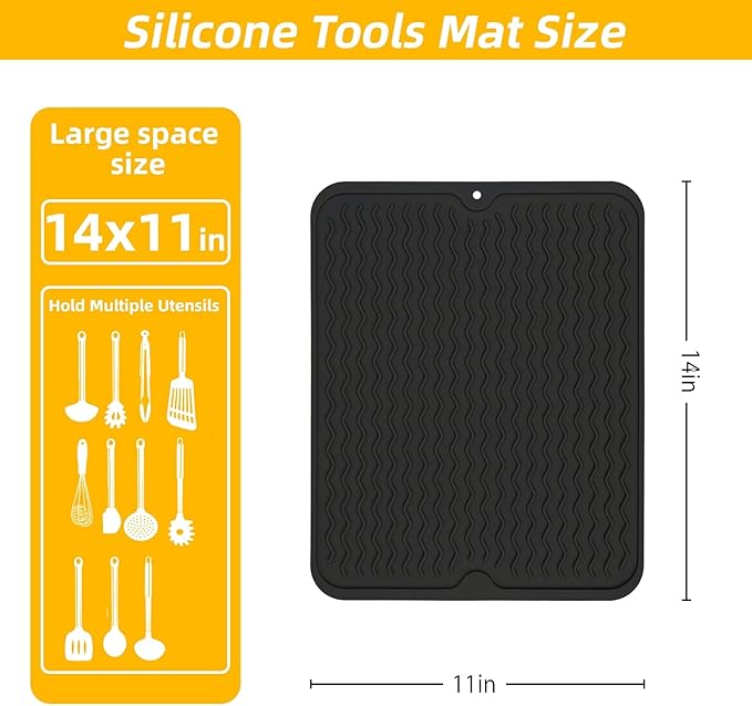 Grill Accessories, 14x11 Inch Silicone Heat Resistant Mat, BBQ Tool Rest Pad for Blackstone Griddle Side Shelf, Weber, Traeger, Outdoor Kitchen Countertop Protector (Black)