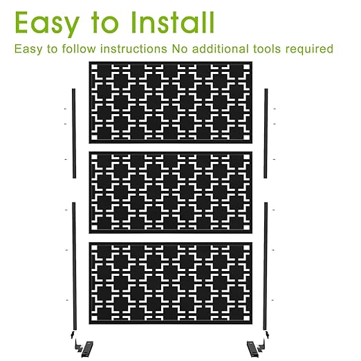 Casaphoria 72" H x 47" W Metal Outdoor Privacy Screen, Freestanding Decorative Divider for Patio, Deck, Balcony, and Garden with Stable Base, Black-Square