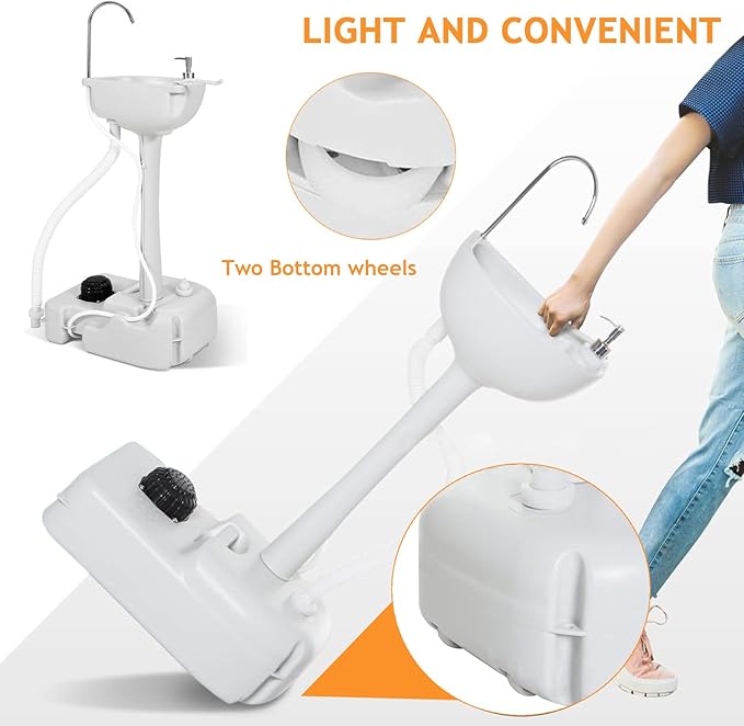 Portable Hand Washing Station, Camping Sink Wash Hand Basin with Wheels, Towel Holder & Soap Dispenser, for Outdoor Events, Gatherings, Garden, Worksite,Washbasinonly