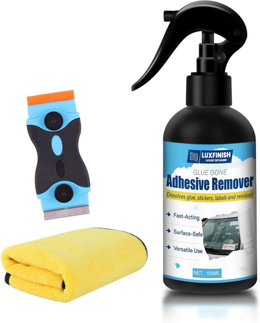 Powerful Adhesive Remover Spray - Safely and Easily Remove Glue Sticker Labels Decals Tape Residue from Car, Glass, Tile - Safe Non-Damaging Multi-Surface Formula with Scraper & Towel - 5oz/150ml