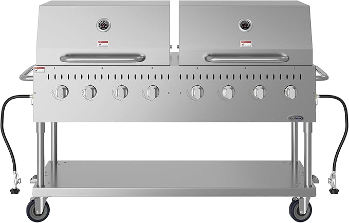 60 in. 8-Burner Commercial Outdoor Propane Gas Grill with 2 Roll Dome Covers in Stainless-Steel, ETL Listed (CGKIT6-D30D30)