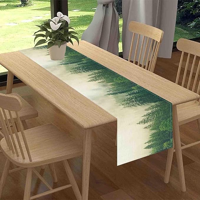 Forest Table Runner, Rustic Farmhouse Misty Pine Tree Woodland Jungle Mountain Country Coffee Table Center Decor for Kitchen Dining Patio Holiday Party Indoor Outdoor Table Decorations, 13"x90" Inch