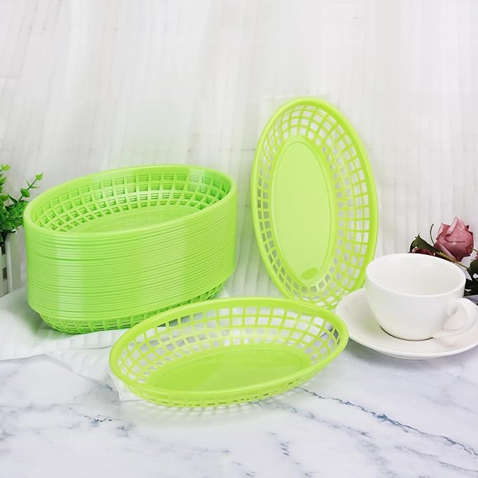 80 Pcs 9 x 5.7 Inch Reusable Oval Fast Food Baskets, Sturdy Plastic Serving Baskets for Fast Food, Parties, Picnics, BBQs and Snacks, by KUKLIPJIM.(Green)