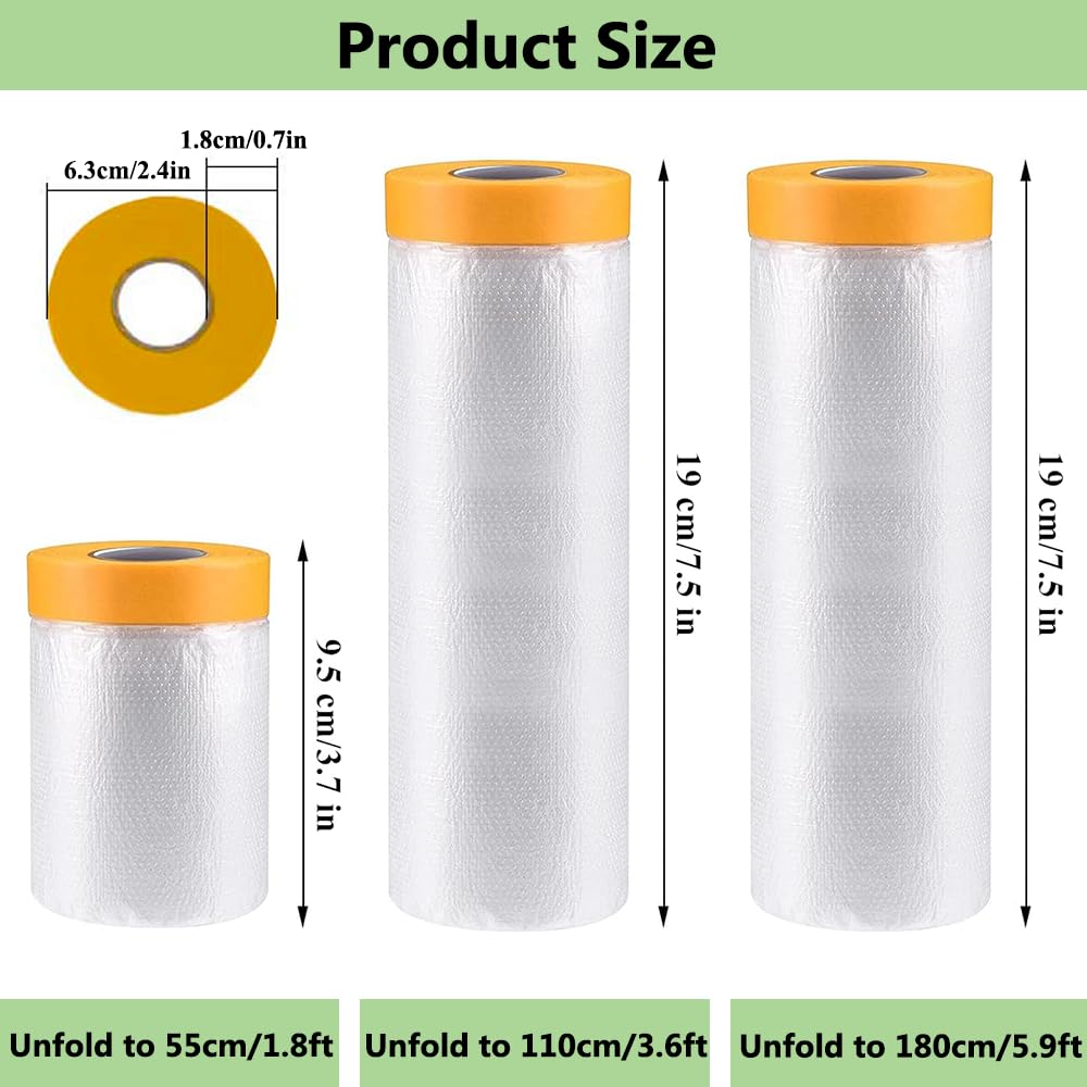 Pre-Taped Masking Film-43inx65ft Tape and Drape Painters Plastic Rolls, Plastic Painting Film for Automotive Painting Covering,Protective Drop Film for Furniture, Car, Floor (6rolls, 43in×65ft)