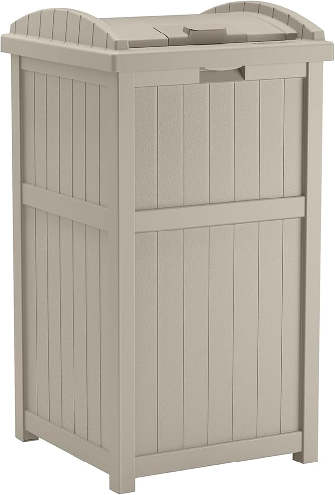 Suncast Hideaway Outdoor Trash Can with Lid - 30 Gallon Trash Can, Light Taupe, Decorative Wicker-Style Garbage Bin, Weather-Resistant Resin Fits 30-33 Gallon Bags, Ideal for Patio & Yard, Made in USA