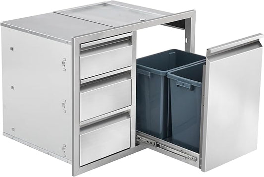 Outdoor Kitchen Drawer Combo, Stainless Steel Triple Drawer Cabinet with Built-in Trash Bin Drawer & Two Trash Cans, 28" W x 22" H x 19.5" D Outdoor Kitchen Storage for BBQ Grill Islands